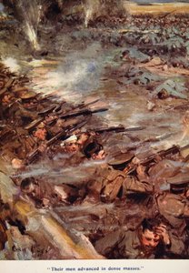 „Embereik sűrű tömegben haladtak előre”, illusztráció az 1916-ban megjelent „Told in the Huts: The YMCA Gift Book” című könyvből. alkotó: Cyrus Cuneo
