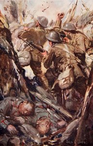 „Bombázott és szuronyos úton haladt felfelé az ellenséges lövészárokban” – illusztráció az 1916-ban megjelent „Told in the Huts: The YMCA Gift Book” című könyvből.