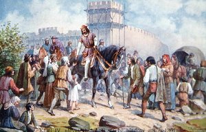 IV. Károly a hétköznapi embereket köszönti a prágai erődítmények 1361-es bővítése során, a huszadik század eleji képeslap (színes litó) alkotó: Czech School