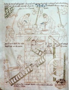 Ms 23 C 124 fol.3 Bábel tornyának építése, a Velislav Bibliából, 1340 körül alkotó: Czech School