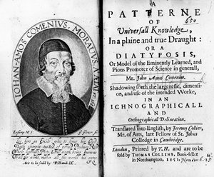 Címlap és előlap az egyetemes tudás mintájához, beleértve Jan Amos Komensky portréját, George Glover metszetét, 1651 alkotó: Czech School
