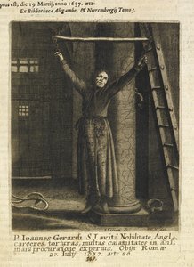 John Gerard angol jezsuita pap, láncra függesztve a londoni Tower börtönének falán (metszet) alkotó: Czech School