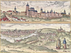 Prágai kilátás, amelyen (fent) a császári palota (Hradschin) és (lent) a Moldva folyó látható, amely elválasztja a város régi és modern részét (metszet) alkotó: Czech School
