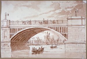 Kilátás egy kis hajóra, amely a Vauxhall híd alatt halad el, London, 1820. alkotó: DHC