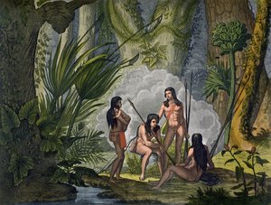 Camacani Tribesmen in Woodland in the Amazon dzsungel, Brazília, Jules Ferrario, „Le Costume Ancien et Moderne”, I. kötet, 53. tábla, megjelent az 1820-as és 30-as évek körül (színes metszet)