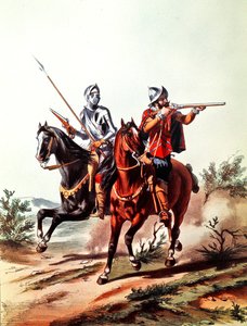 Kerékbilincses pisztolyokkal felfegyverzett francia lovasság (színes litográfia) alkotó: D. de (after) Noirmort