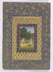 Layla felolvas Majnunnak, aki egy fa alatt ül egy lótuszmedence mellett, Delhi, 1720-40 körül alkotó: Dal Chand