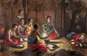 Mungo park pihenő bennszülöttek kunyhójában Segoban, Bambarra államban, 1796 (színes fametszet)