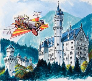 A Chitty Chitty Bang Bang a bajor Alpokban lévő Neushwanstein mellett halad el alkotó: Dan Escott