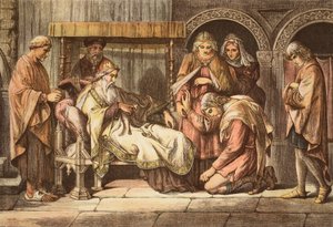 Harold, aki Normandiából hazatér, bemutatja magát Hitvalló Edwardnak, JD Cooper metszetét (színes metszet) alkotó: Daniel Maclise