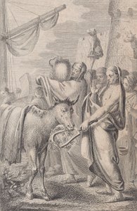 Jobb oldalon egy hajó közelében alakok, némelyik állatokat tart a feje fölött, balra egy ló, 1783 alkotó: Daniel Berger