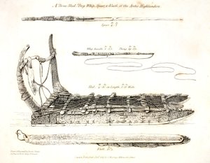 A sarkvidéki hegylakók csont szánja, kutyakorbácsa, lándzsája és kése, illusztráció az "A Voyage of discovery..." című könyvből, 1819.
