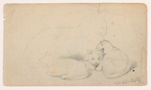 Rajz, Macska és három kiscica; hátoldalon: Arab férfi ül és fogad egy férfit, valószínűleg David Roberts után, 1844 alkotó: Daniel Huntington