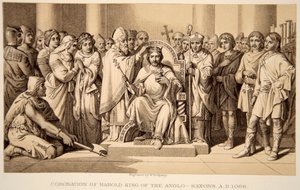 II. Harold megkoronázása 1066-ban, W. Ridgeway metszete alkotó: Daniel Maclise