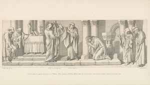 Harold, aki éppen ellenezni készül Vilmos invázióját, imát mond a Waltham Abbeyben, amikor a szent kép csodálatos módon előrehajlik a keresztről. alkotó: Daniel Maclise