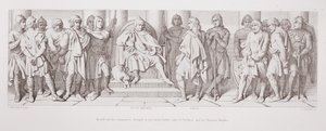 Harold és társai foglyul ejtve Ponthieu-i Guy és normann lovagjai előtt, a "The Story of the Norman Conquest"-ből, L. Gruner metszete, 1866. alkotó: Daniel Maclise