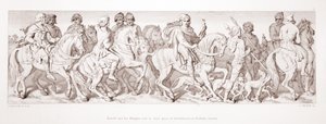 Harold és lovagjai beszállási helyükre, a sussexi Boshamba lovagolnak a „The Story of the Norman Conquest” című művéből, amelyet L. Gruner vésett, 1866 alkotó: Daniel Maclise