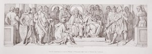 Harold, aki Normandiai Vilmoshoz utazik, búcsút vesz Hitvalló Edwardtól, a „Normann hódítás története” című művéből, amelyet L. Gruner vésett, 1866 alkotó: Daniel Maclise