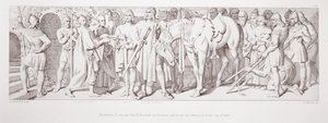 Eközben Tostig és Harold Hardrada győzedelmeskedik, és megkapják York város előterjesztését a „The Story of the Norman Conquest” című művéből, amelyet L. Gruner vésett, 1866 alkotó: Daniel Maclise