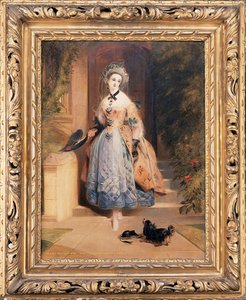 Louisa Jane, Abercorn márciusiasnője portréja, kicsi, egész alakos, igényesen hímzett sárga-kék ruhában, egy ház bejáratánál, spániellel, 1832 alkotó: Daniel Maclise