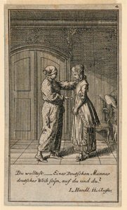 Egy apa vagy gyám beszél egy lánnyal, Fredrich Wilhelm Grossman "Nem több, mint sachs Schuesseln" című színművének illusztrációja a "Königl: Grosbrit [rian] genealógiai naptár az 1782-es Lauenberg évhez, J. G. Berenberg" című művében. alkotó: Daniel Nikolaus Chodowiecki