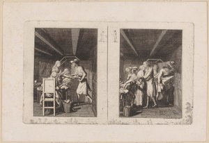Ludwig munkájával szűkösen tartja el családját [balra]; Az apa kincsekkel meggazdagodva tér vissza családjához [jobbra] alkotó: Daniel Nikolaus Chodowiecki