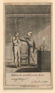 A pofon, Fredrich Wilhelm Grossman „Nem több, mint sachs Schuesseln” című darabjának illusztrációja a „Königl: Grosbrit [anian] genealogical calendar for the 1782 Year Lauenberg by J.G. Berenberg” című művében. alkotó: Daniel Nikolaus Chodowiecki