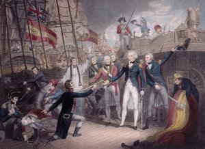 Nelson tengernagy átveszi a spanyol admirálisok kardját, a St. Vincenti csata