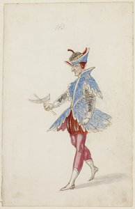 Férfi figura kék-piros jelmezben a Ballet des quatre saisons de lAnnee-ból, 1626 (barna tinta, wc és fémfesték fekete kréta alárajzolással, papírra fektetett)