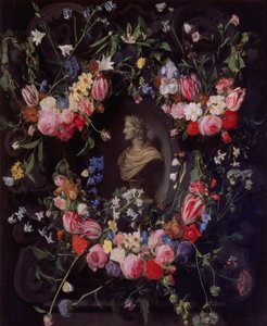 Leopold Guglielmo főherceg márvány mellszobra körül virágfüzér, 1647 körül alkotó: Daniel Seghers