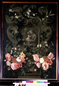 Madonna és gyermeke, Szent Erzsébet és Keresztelő János gyermekként virágfüzérben. Daniel Seghers (1590-1661) festménye. Olaj, réz, 84 x 61 cm alkotó: Daniel Seghers