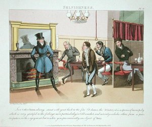 Önzés, 9. tábla a "The Necessary Qualifications of a Man of Fashion" című, 1823-ban megjelent kötetből (kézzel színezett akvatinta). alkotó: Daniel Thomas Egerton