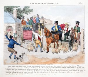The Insolence of Office, illusztráció a "Fashionable Bores or Coolers in High Life" című könyvből, írta Peter Quiz, pub. Thomas McLean, London 1824 (kézzel színezett metszet).