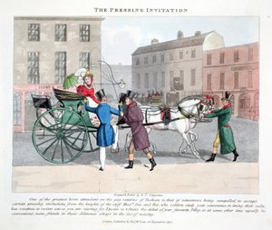 The Pressing Invitation, illusztráció a "Fashionable Bores or Coolers in High Life" című könyvéből, Peter Quiz, pub. Thomas McLean, London 1824 (kézzel színezett metszet)