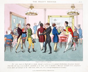The Silent Rebuke, illusztráció a "Fashionable Bores or Coolers in High Life" című könyvéből, Peter Quiz, pub. Thomas McLean, London 1824 (kézzel színezett metszet)
