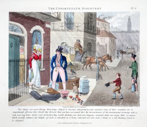 The Unfortunate Discovery, illusztráció a "Fashionable Bores or Coolers in High Life" című könyvéből, Peter Quiz, pub. Thomas McLean, London 1824 (kézzel színezett metszet) alkotó: Daniel Thomas Egerton