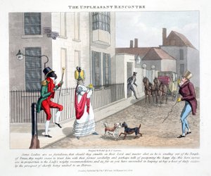 The Unpleasant Rencontre, illusztráció a "Fashionable Bores or Coolers in High Life" című könyvéből, Peter Quiz, pub. Thomas McLean, London 1824 (kézzel színezett metszet)