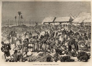 Egy nagyon animált, több mint háromezer embert tömörítő menet a Kongó folyó közelében, D.Vierge rajza nyomán, amely David Livingstone utolsó naplóját (1813-1873) illusztrálja, 1866-1873-ban, és megjelent a „Le tour du monde”-ban. 1875, szerkesztette Edouar