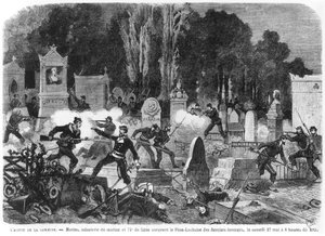 A kommuna agóniája, utolsó harcok Pere Lachaise temetőjében, Louis Joseph Amedee Daudenarde (†1907) vésett illusztrációja a „Le Monde illustre”-ből, 1871. május 27.