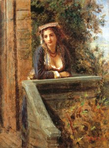 Fiatal lány az ablaknál vagy fiatal nő az erkélyen, Daniele Ranzoni (1843-1889), olaj, papír, fára szerelve, 44x33 cm