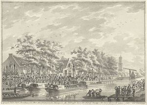 Az amszterdamiak érkezése Utrechtbe, 1787 Kilátás az amszterdami polgárok érkezésére Utregtbe De Rooy Brugba. Den Dom után látni. 1787. (cím a tárgyon)