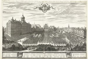 Lövészek a Dam téren az Amszterdami Vásár idején, 1686 Amszterdami Vásár bemutatja a Burgery in the Arms-t, sig Bemutató a Groot Agtb-nek: Heeren Burgermeesteren (cím a tárgyon) Foire d