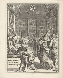 Könyvtárbelső klérussal Címlap ehhez: Bibliotheque des Authors Ecclesiastiques, évszám nélkül alkotó: Daniël met de Penningen