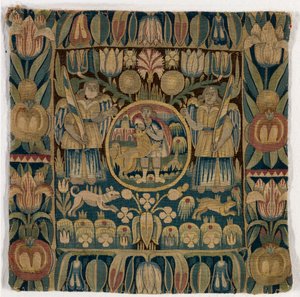 Sámson, aki megöli az oroszlánt, 1615 körül, dániai Schleswig-Holsteinben készült gobelin párnahuzat (gyapjú) alkotó: Danish School