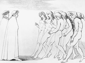 A lelkek megrémülnek, amikor látják, hogy Dante él, illusztráció a Purgatórium 3. énekéhez, az Isteni színjátékhoz, Dante Alighieri (1265-1321) allegorikus verse alkotó: Dante Alighieri