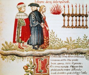 Vergilius, Dante és Matelda, Purgatórium, XXIX. ének, megvilágított oldal az Isteni színjátékból, Dante Alighieri (1265-1321) alkotó: Dante Alighieri