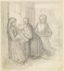 (Valószínűleg) Magyar Szent Erzsébet térdelve társaival, Isentrudisszal és Gútával. alkotó: Dante Gabriel Charles Rossetti