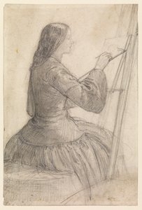 Erzsébet Siddal festőállványnál ül, festmény, 1854-55 körül alkotó: Dante Gabriel Charles Rossetti