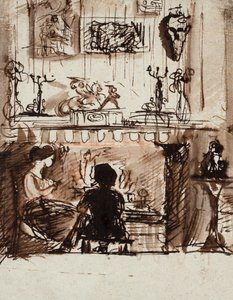 Lizzie Siddal és Woolner egy képzeletbeli szobában (toll, tus, tus és mosás)