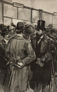 Bankszámlálók a római bank (Banca Romana) botrány idején, Róma, Olaszország, metszet Dante Paolocci rajza után, a L